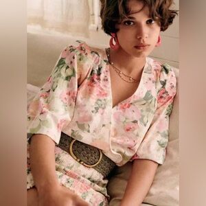 New Sezane Olga Floral V-Neck Mini Dress with Puff Sleeves Linen Blend